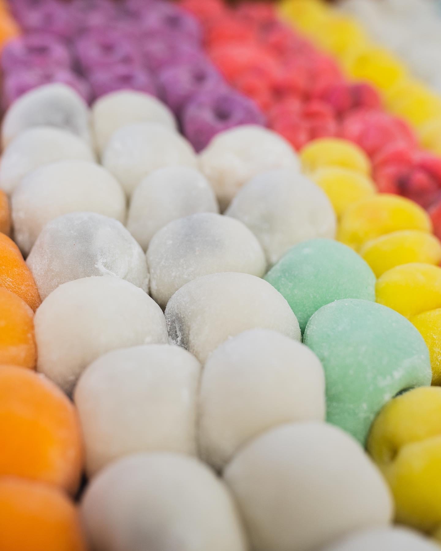 Colorful handcrafted mochi rows